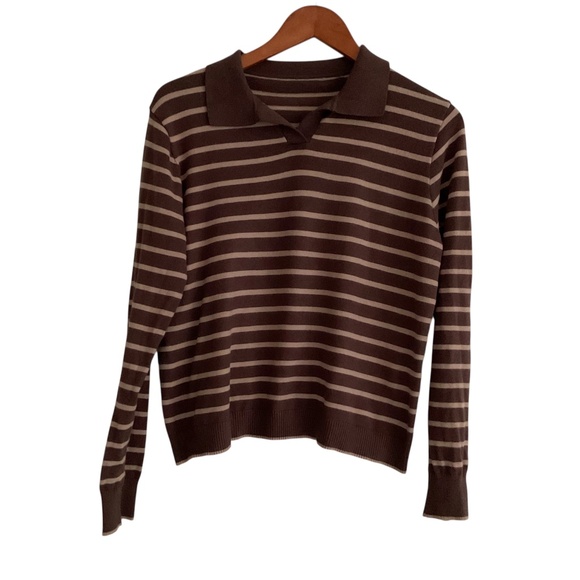 Dazy Womens Striped Polo Pullover Sweater Sz L Brown Fitted  Preppy Academia Y2K - Picture 1 of 8